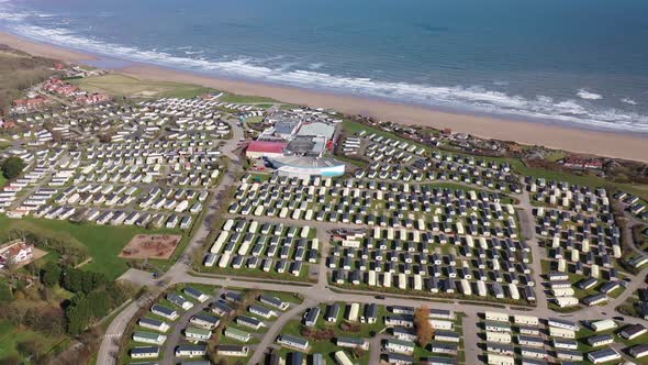 Aerial footage of a large caravan park located in the coastal town of Filey in East Yorkshire UK