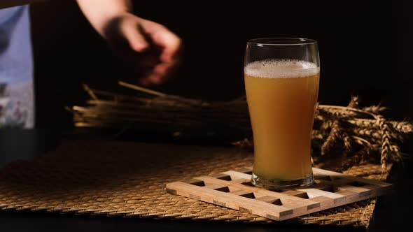 Woman Putting Beer and Cheese Plate on Table