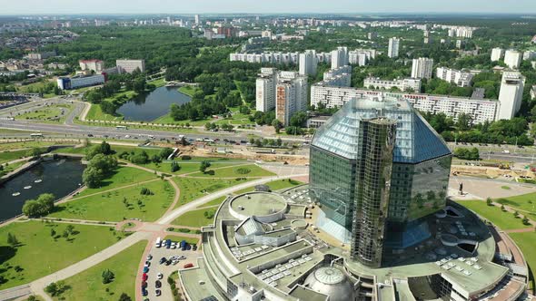 Top View of the National Library and a New Neighborhood with a Park in Minskthe Capital of the