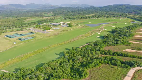 Descending aerial shot of beautiful Vistas Golf Country Club in during summer - MOuntain landscape i