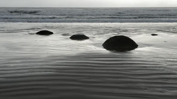 Moeraki Boulders, Ocean Surf and Ripple on an Empty New Zealand Beach