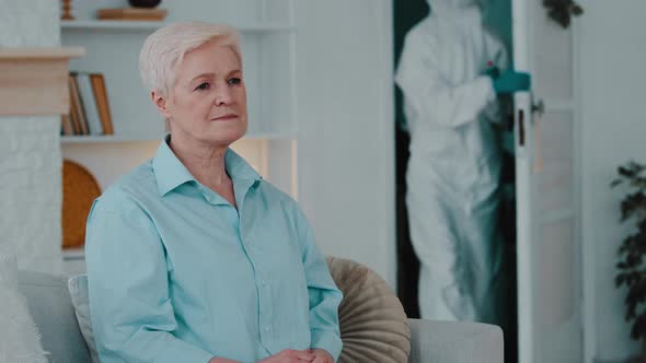 Old Elderly Lady Sick Caucasian Woman Patient Sitting on Couch Sofa in Clinic at Home Waiting