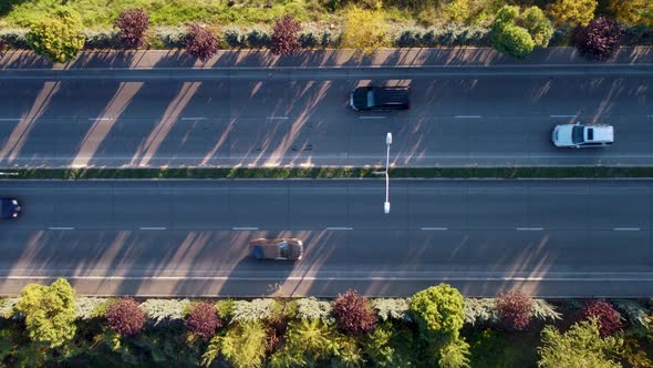 Trees Shadows And Traffic On The Highway At The Sunset