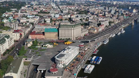 Beautiful flight in the morning over the Dnieper. Postal area in Kiev from above.