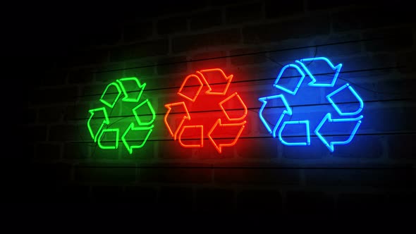 Recycling neon on brick wall 3d