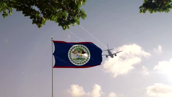 Belize Flag With Airplane And City -3D rendering