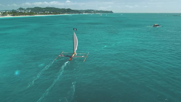 Aerial View Sailboat in Sea Green Mountains Island