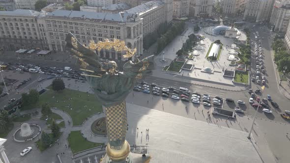 Kyiv. Ukraine: Independence Square, Maidan. Aerial View, Slow Motion, Flat, Gray