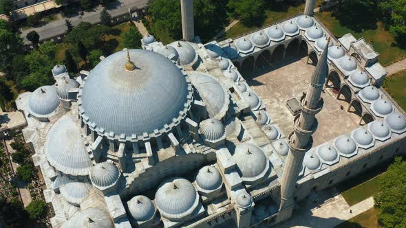 Aerial Roof of Suleymaniye Mosque with Minarets Courtyard and Park Istanbul