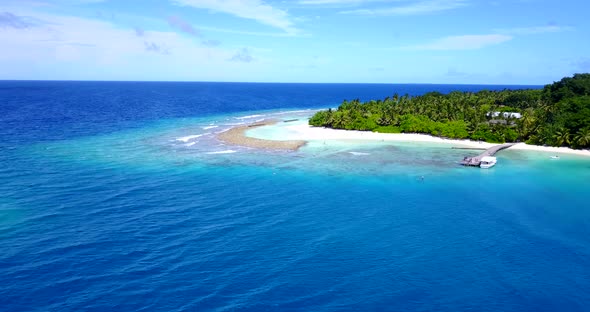 Daytime drone clean view of a sandy white paradise beach and aqua turquoise water background