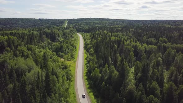 Aerial View Of White Car Driving On Country Road In Forest
