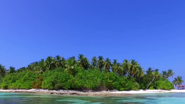 Summer sky of resort beach by blue water and sand background near resort