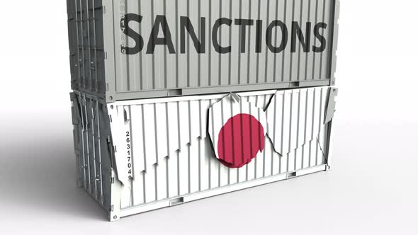 Container with SANCTIONS Text Breaks Container with Flag of Japan