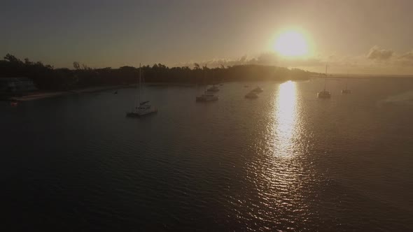 Aerial View of Yachts in Bay of Mauritius at Sunset