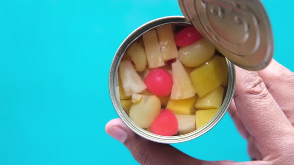 Open Can of Fruit Cocktail on Table