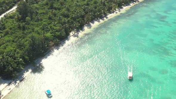 Tropical Coast with Palm Trees and Caribbean Sea with Floating Boats