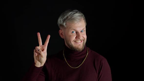 Friendly Stylish Man Feeling Happiness Enjoyment Showing Victory Sign Doing Peace Gesture Smiling