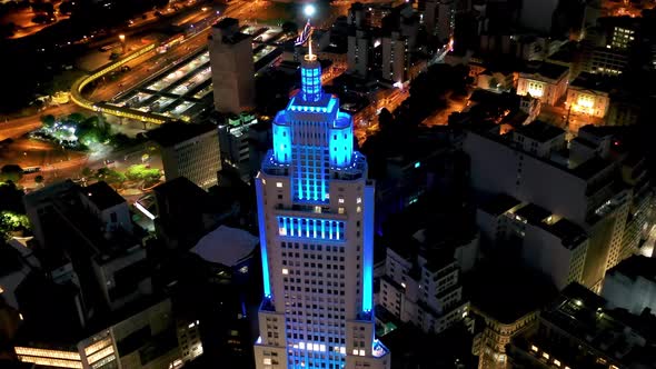 Night scape of historic buildings at downtown Sao Paulo Brazil.