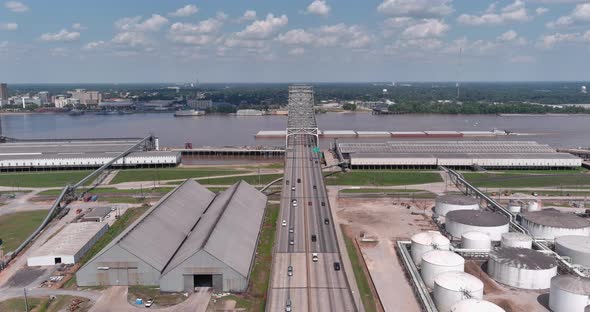 Aerial of cars driving over the Horace Wilkinson Bridge in Baton Rouge, Louisiana