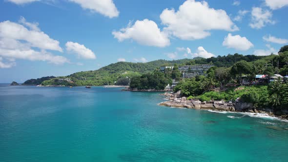 Beautiful sea summer landscape. Seashore water surface High quality video Bird's eye view