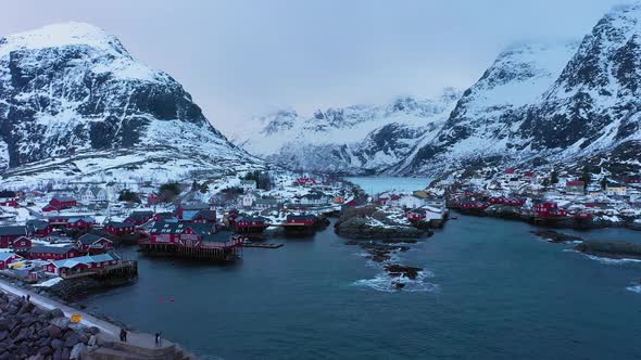 Fishing Village A and Mountains in Winter. Lofoten Islands, Norway. Aerial View