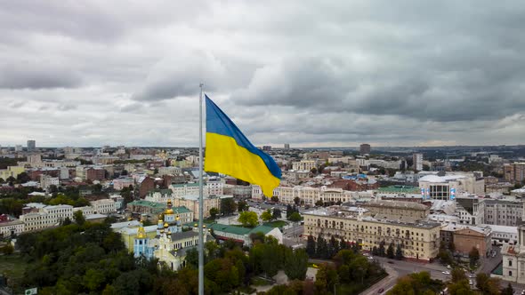 Flag of Ukraine, Kharkiv city center autumn aerial