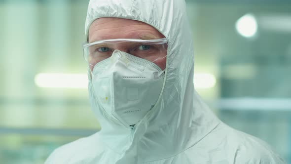 Portrait of Senior Scientist in Protective Coverall Suit and Mask