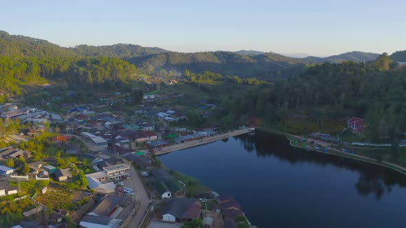 Aerial view of Ban Rak Thai village, chinese hotel resort, Mae Hong Son, Thailand. Nature