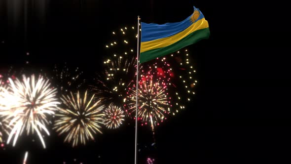 Rwanda Flag With World Globe Flags And Fireworks