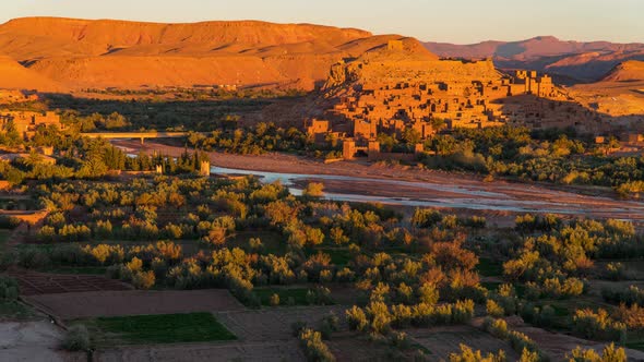 Sunrise at famous Ait Ben Haddou historic unesco rural Kasbah in desert in Morocco Africa