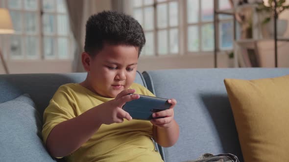 Boy Playing Game On Smartphone Sitting On Sofa, Talking While Playing A Game