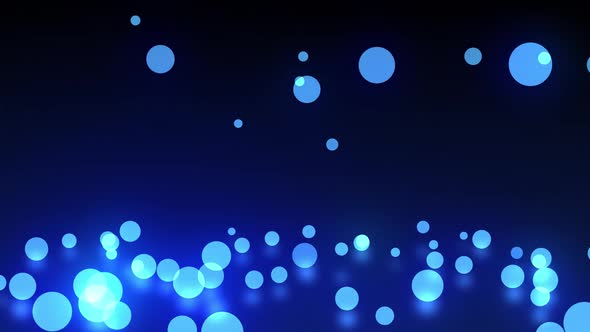 Animation of multiple glowing blue balls of spots of light dropping and bouncing on blue surface alt