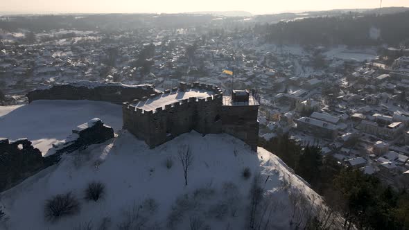 Aerial Drone View of the 13Thcentury Medieval Kremenets Castle Flag of Ukraine Country on the Top of