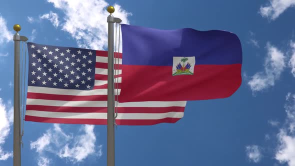 Usa Flag Vs Haiti Flag On Flagpole