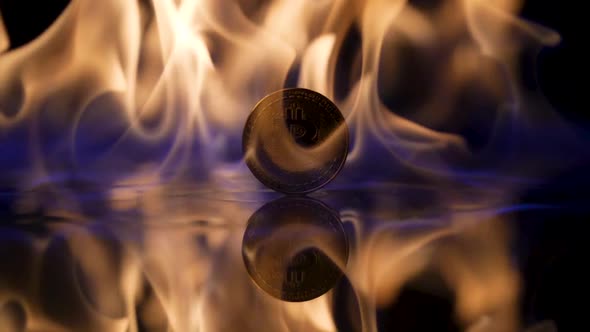 On a Black Background a Flame Ignites and Illuminates a Gold Bitcoin Coin in Close Up