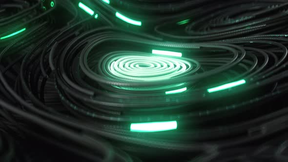 Black Topographic Circular Lines with Running Matrix Code and with Green Neon