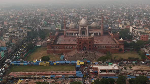 New Delhi, India, "Jama Masjid" mosque 4k aerial drone video