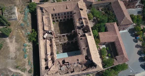 Aerial view of a monastery in ruins