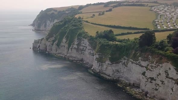 Spectacular aerial view of cliffs near the village of Beer. Jurassic Coast, English first natural Wo