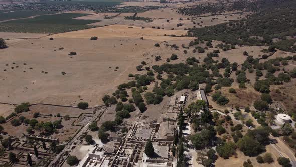 Aerial drone view of the Caliphate City of Medina Azahara in Cordoba. Archaeological site.