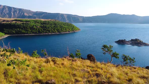 Beautiful Aerial View Landscape in Mountain and Hills with Forest and Lake in Summer Sunny Weather