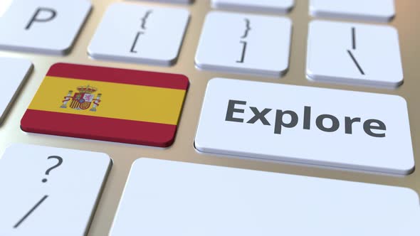 EXPLORE Word and National Flag of Spain on the Keyboard