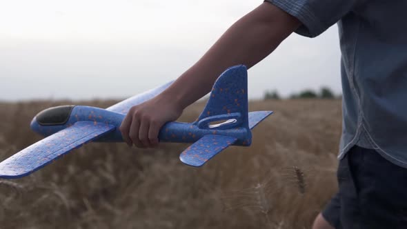 Happy guy with a toy airplane on a wheat field in the sunset light.