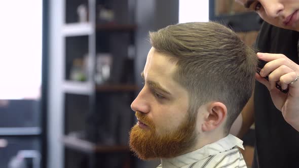 A Young Man with a Beard is Sitting in a Hairdresser's Chair During a Haircut