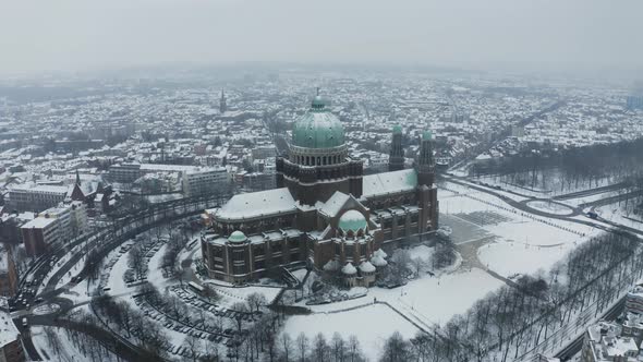 Aerial view of Basilique National du Sacre Coeur a Koekelberg, Belgium.