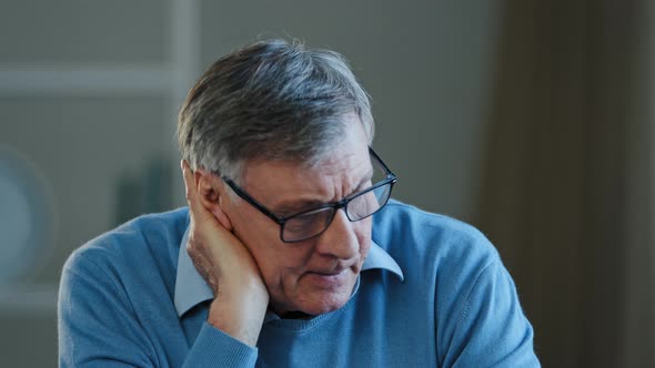 Portrait Indoor in Office Home Old Thoughtful Pensive Confused Senior Man Feel Worried Think Memory