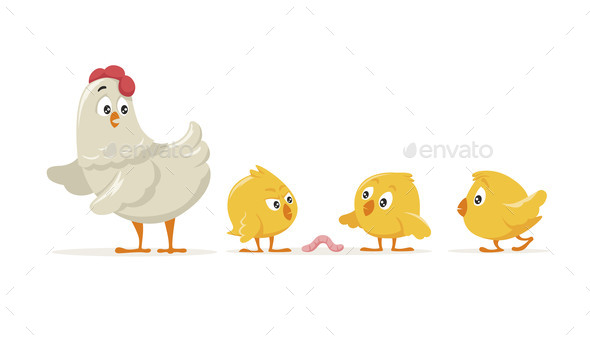 Cartoon Mother Hen and Three Yellow Chicks