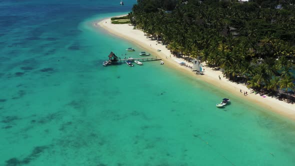 Tropical beach in Mauritius. Sandy beach with palms and blue transparent ocean. Aerial view