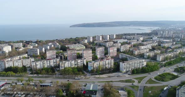 Aerial view of street traffic of the city center.  Urban Landscape. Varna, Bulgaria