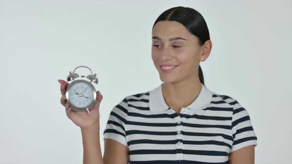 Latin Woman Holding a Clock White Background